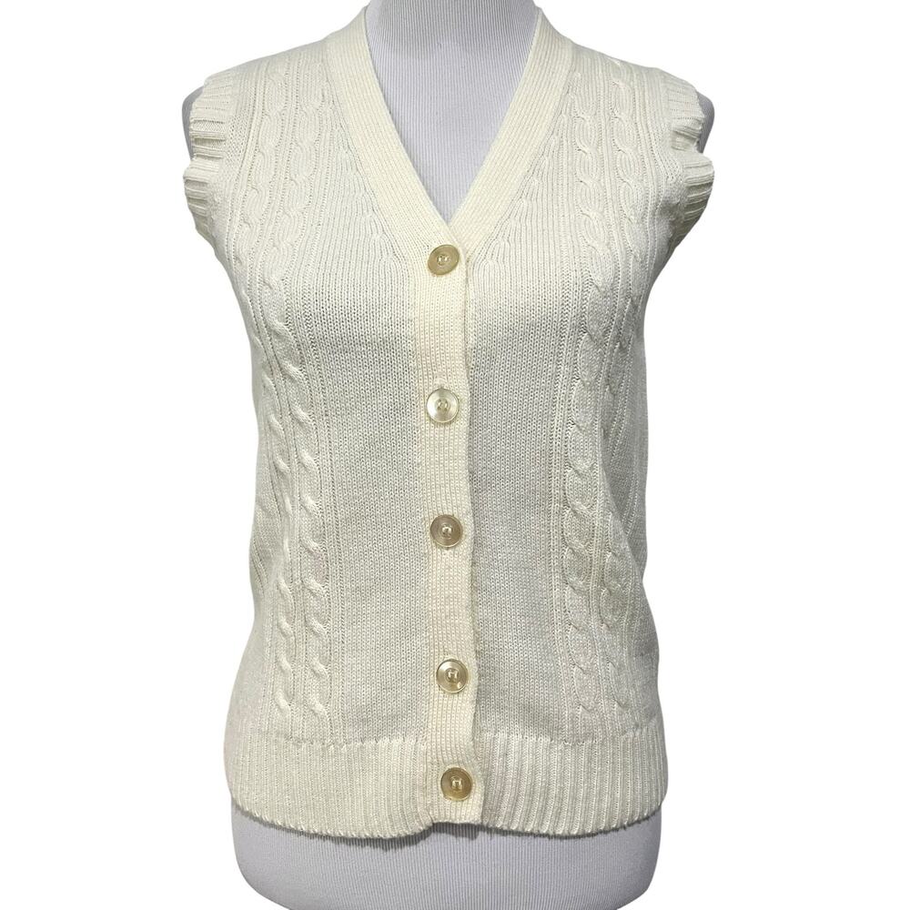 Vintage Women’s Sweater Vest Cream Ivory Button Front V-Neck Merville Sz M
